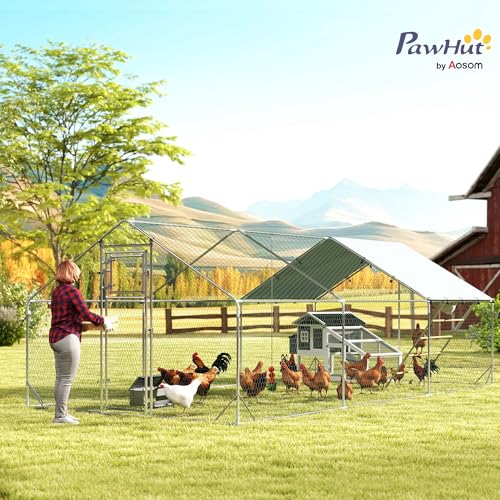 PawHut Large Metal Chicken Coop, Walk in Chicken Run with Waterproof & Anti-UV Cover, Feeding Door, Hanging Feeder, Perch, Outdoor Duck Cage Rabbit Hutch Pen, for 18-24 Poultries, 9.8' x 19.7' x 6.4' | Walk in Chicken Run, Waterproof & Anti-UV Cover, Hang