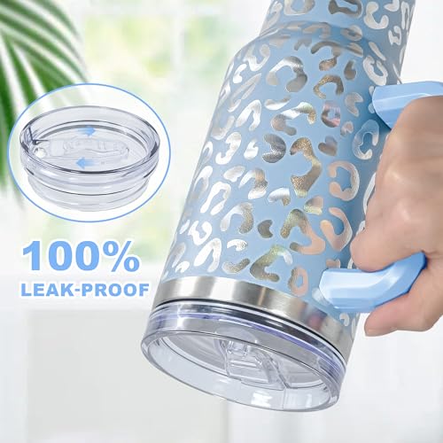 40 oz Tumbler with Handle and Straw, 100% Leak-Proof Travel Mug, Stainless Steel Double Wall Vacuum Insulated Coffee Cup Keeps Cold For 34 Hours, Dishwasher Safe, Hawkes Blue Leopard - color: Hawkes Blue Leopard