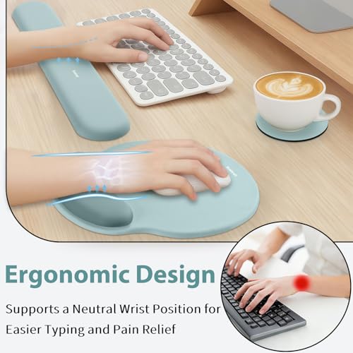 Mouse Pad and Keyboard Wrist Rest, 3-in-1 Gel Memory Foam Ergonomic Mouse Pad with Wrist Rest Set, Gaming Mousepad Arm Cushion Support for Computer Office Desk Accessories Cute, Seafoam Blue - color: Seafoam Blue