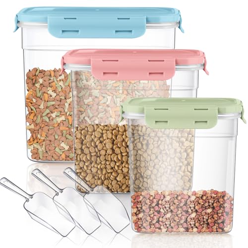 Patelai 6 Pcs Dog and Cat Food Storage Containers with Scoops Set Plastic Pet Food Storage Containers Stackable Airtight Dry for Kitchen 1.27, 2.4, 4 Qt (Pink,Blue,Green) - color: Pink,Blue,Green