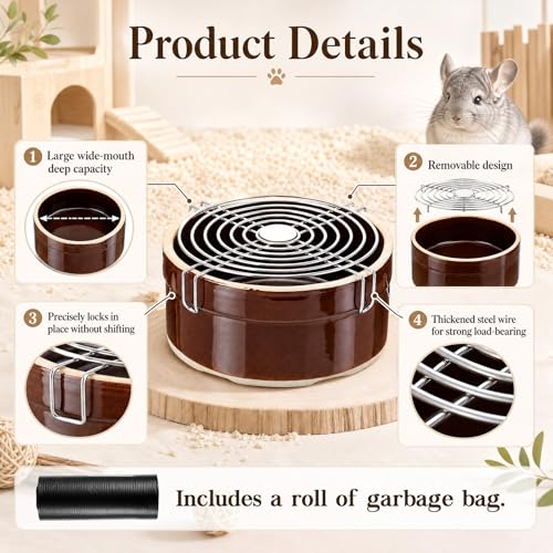 Maxcheck Ceramic Chinchilla Corner Litter Box Set for Small Pets, Chew Resistant Trainer Tip-Proof 7" Round Litter Pan with Stainless Steel Grid Plastic Bags for Hamster, Hedgehog, Gerbil, Ferret
