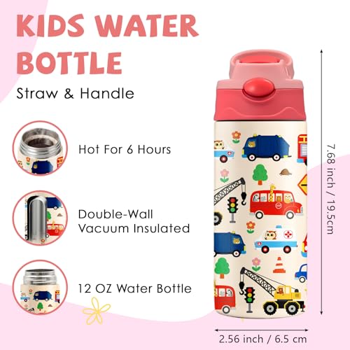 Car 12 oz Water Bottle with Straw – Kids Stainless Steel Vacuum Insulated Cup, Leakproof Pop-Up Spout, Reusable Travel Mug for Boys and Girls Outdoor Sports - color: Car2