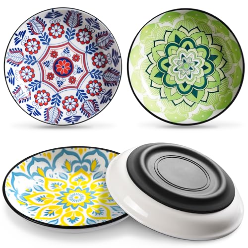 WROSWT Non-Slip Cat Bowl,Ceramic Cat Food Bowls with Silicone Bottom, Anti-Whisker Fatigue Cats Dishes Set, Shallow & Wide Kitten Plates for Food and Water, 4 Pack - size: Bohemian-4 Pack