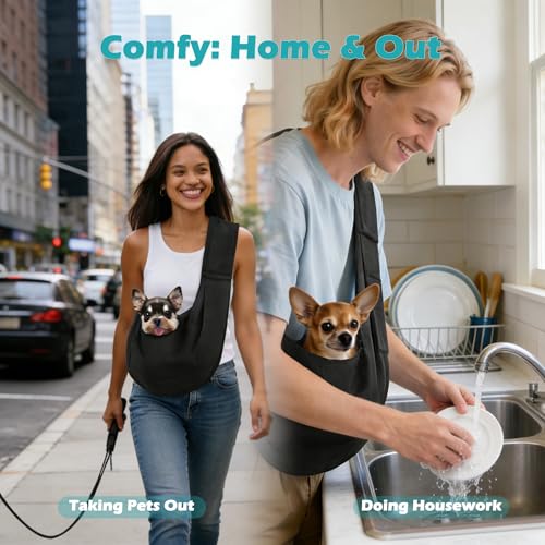Pawaboo Small Dog Sling Carrier | Reversible Puppy Small Pet Carrier,Hands Free,Safety Buckle,Storage Pocket for Travel,Outdoor Activities Dark Black - color: Black