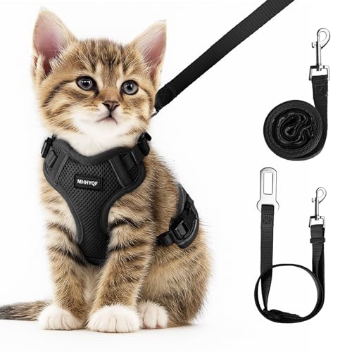 Cat Harness and Leash Set for Walking Escape Proof, Improved Four Place Adjustable Cat Car Harness, Soft Kittens Vest with Reflective Strip for Cats, Comfortable Outdoor Vest, Black, XS - size: X-Small