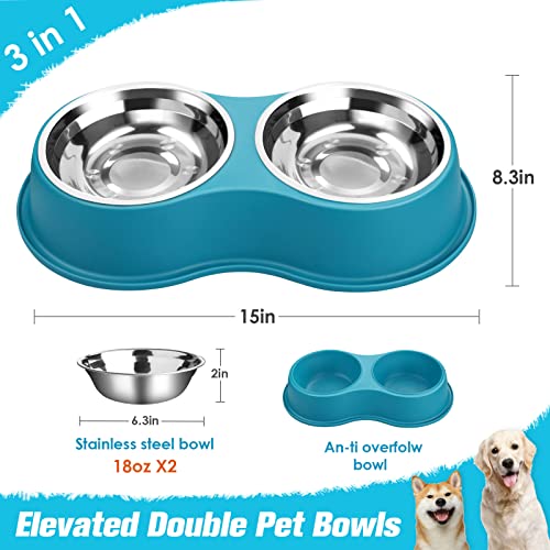 Epetslove Stainless Steel Dog Bowls Double Non-Slip Dog Water and Food Bowl | Pet Feeder Bowls, Dog Dishes, Raised Feeding Design, Double Bowls Set, For Puppies, Medium Dogs and Cats, Outdoor / Indoor - color: 7.Lake Blue, size: Medium-18oz