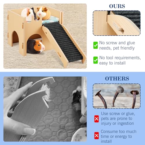 Pawaboo Guinea Pig and Hamster House, 2-in-1 Guinea Pig Hideout with Stairs and Cushion, Sturdy Wooden Hamster Castle Easy to Assemble, Detachable Small Animal House Bed Hut Habitats with Ramps