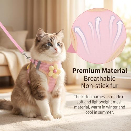 Cat Harness and Leash Set Escape Proof Adjustable Kitten Harness Breathable Mesh Vest Cat Walking Harnesses with Reflective Strips and Flower for Kitty Puppy Bunny (XS)