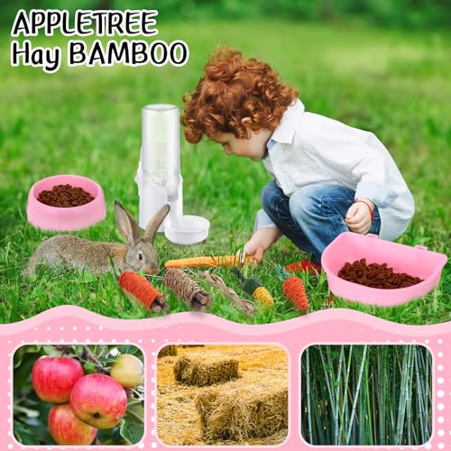 20 Pcs Rabbit Starter Kit Small Bunny Litter Box Animal Grooming Kit with Hanging Pet Bowls Water Bottle Bunny Toys Flannel Blankets with Cleaning Set for Guinea Pig Rabbit Accessories(Pink) - color: Pink