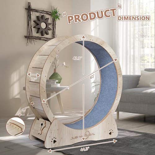 43" Cat Exercise Wheel, Quiet Treadmill with Removable Carpet | 50 lb capacity, TPE low-noise rollers, under 6 mm anti-pinch gap, safety lock, removable carpet and stable base - color: WOOD, size: 43"