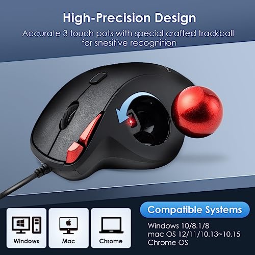 SANWA Wired Ergonomic Trackball Mouse, Optical Rollerball Mice, Programmable Silent Buttons, 34mm Trackball, 600/800/1200/1600 Adjustable DPI, Compatible with MacBook, Laptop, Windows, macOS - color: Wired