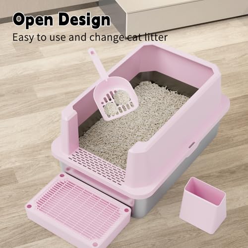 RIZZARI Stainless Semi-Closed Litter Box: High-Sided Open for Large Cats | 304 Stainless Bottom / 6.5" High Splash Guard / Low Front Entry / Spacious for Large Breeds / 30-Second Tool-Free Assembly - color: Pink, 1 Pack