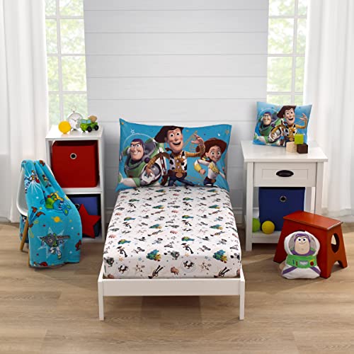 NoJo Disney Toy Story It's Play Time Blue, Green, and White, Woody and Buzz 2 Piece Toddler Sheet Set - Fitted Bottom Sheet and Reversible Pillowcase - color: Toy Story It's Play Time