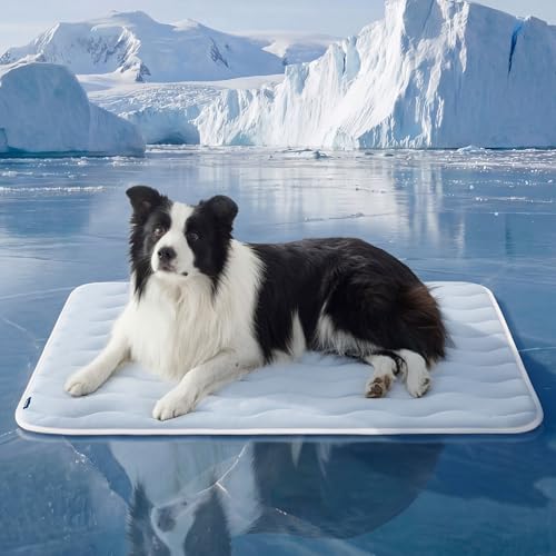 Bedsure Dog Cooling Mat Extra Large,Washable Breathable QMax>0.4 Cool Fiber | 41x28In Gel-free Cool-to-touch Fabric to Rapid Cooling,Cold Crate Pad Indoor for Pet,Portable Thin Kennel Mat as Topper,Blue - color: Blue, size: 41" x 28" (XL-Crate)