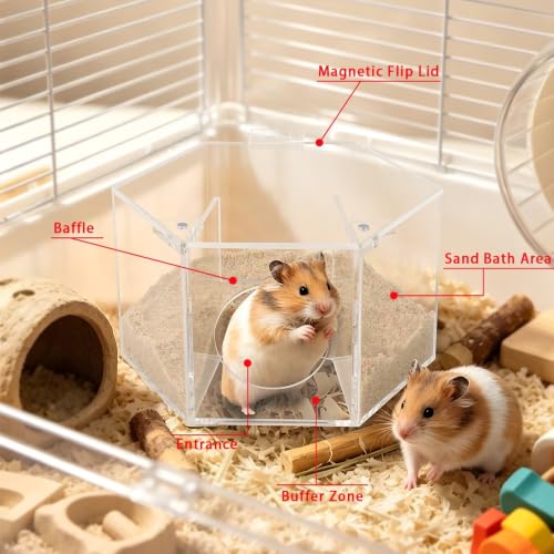 Kalekey Acrylic Hamster Sand Bath Box, Splash-Proof | Transparent acrylic box with magnetic flip lid & anti-kick baffle. Perfect for Syrian/dwarf hamsters. Easy-clean, 7.9*5.9*4.3