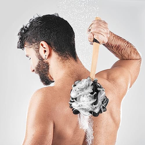 FORENEE Black Loofah on a Stick, PE Mesh Back Scrubber with Wood Handle | Soft PE mesh creates rich lather for gentle cleansing; water-resistant coated wood handle, rubber grip and hanging loop. - style: Black