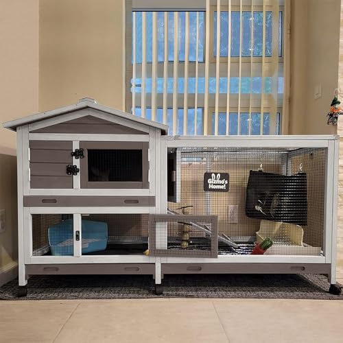Aivituvin Rabbit Hutch 62" Rabbit Cage Indoor Outdoor Chicken Coop Guinea Pig Cage on Wheels Bunny Cage with 3 Deep No Leakage Pull Out Tray,Waterproof Roof (Brown) - color: Brown