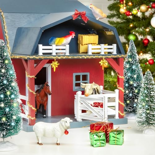 Terra by Battat – 20 Pieces Wooden Animal Barn Toy Set – Farm Animals & Play Fence – Pretend Play for Toddlers & 3+ Years – Educational Toys – Farmhouse Playset | Wooden farm toy set with 1 barn, 10 fences, ladder, 4 hay bales, 2 troughs, pulley tray and