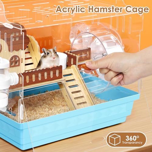 Acrylic Hamster Cage Small Hamster Habitat 360 Viewing Hamster Enclosure with Running Wheel & Hideout for Dwarf, Guinea Pig, Gerbils, Blue, 13.3" L*10.2" W*12.4" H - color: Blue