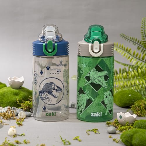 Zak Designs Jurassic World Sage 16oz Leak-Proof Straw Kids Water Bottle | BPA Free Durable Plastic, Cupholder Friendly, Dishwasher Safe, Easy to Clean, Lid Lock, Handle, For School, Home, Travel - color: Jurassic World (Green and Blue)