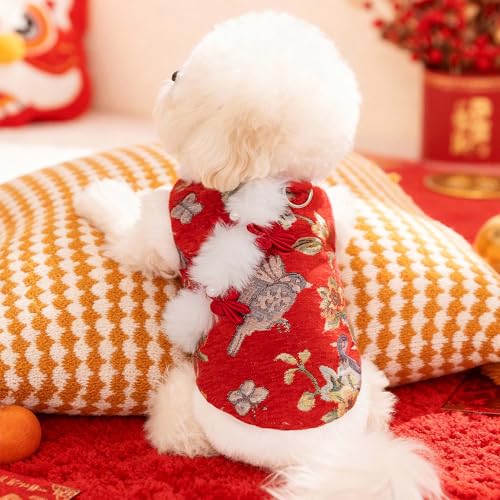 Dog Chinese New Year Clothes Cat Tang Costume Outfit,Tassels Dog Cheongsam Tang Suit,Winter Fleece Pet Jacket Clothes (Red, S) - color: Red, size: S(Bust14.1inch|Weight 4-6LBS)
