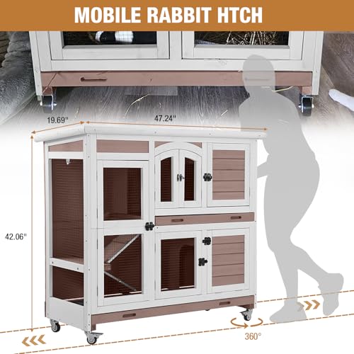 Rabbit Hutch Indoor Bunny Cage Outdoor with Casters, Guinea Pig Cage for Small Animals, Bunny Hutch with Two Plastic Trays 47inch - color: #Brown-Large
