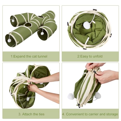 Ownpets Cactus Cat Tunnel 12" with Peek Holes for Indoor Large Cat, Green | Durable Oxford fabric, noise-free, foldable & connectable, multi-cat friendly, tube for cats up to 20lb, includes ball & wand - size: 12 Inches in Diameter