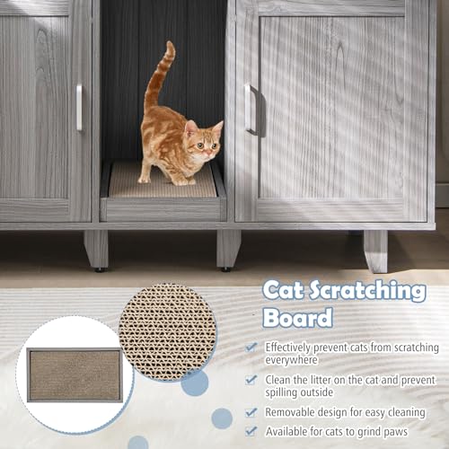 PETSITE Litter Box Enclosure for 2 Litter Boxes, Hidden Cat Washroom TV Stand End Table with 2 Cabinet, Scratching Board, Indoor Cat Litter Furniture (Grey Wash), Patented - color: Grey Wash