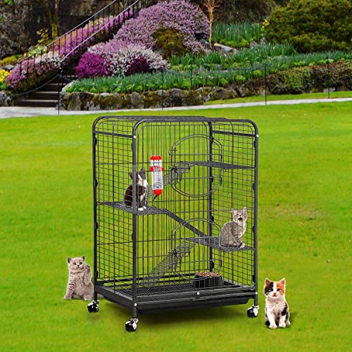 Yaheetech 37-inch Metal Ferret Chinchilla Cage Indoor Outdoor Small Animals Hutch w/ 2 Front Doors/Feeder/Wheels for Squirrel,Black - size: 37"