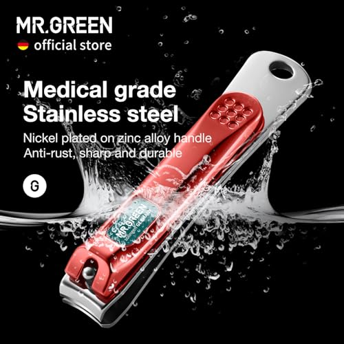 MR.GREEN Nail Clippers Curved Blades Fingernail Cutter Nippers Manicure Scissors Stainless Steel Pedicure Tools with Nail Flies (Medium-Red+Glass File) - color: Medium-red+glass File