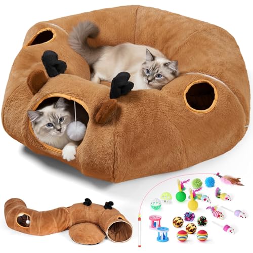 Cat Tunnel Bed with 20 Pcs Interactive Toys, 3-in-1 DIY Collapsible Plush Cat Tube with Washable Mat, Large Indoor Play Tunnel Cave for Kittens and Small Animals - color: Brown