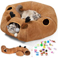 Cat Tunnel Bed with 20 Pcs Interactive Toys, 3-in-1 DIY Collapsible Plush Cat Tube with Washable Mat, Large Indoor Play Tunnel Cave for Kittens and Small Animals - color: Brown
