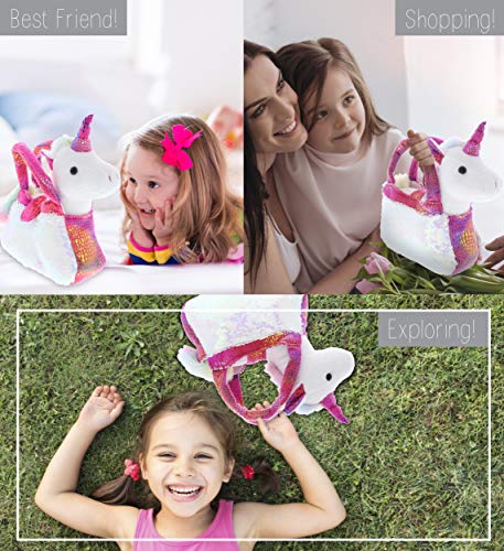 DolliBu Pink Unicorn Plush Reversible Sequin Pet Carrier Handbag, White Sparkle Soft Stuffed Animal Carrier Toy Purse for Little Girls, Cute Toddler Girl's Pretend Play 9 Inch