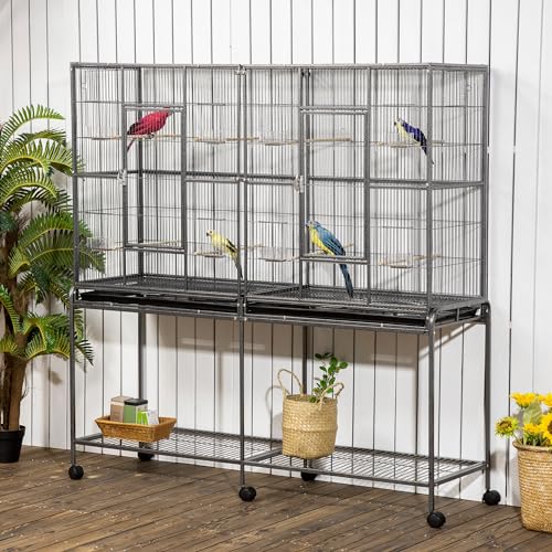 PawHut 65" Double Rolling Metal Bird Cage with Divider, Large Parrot Cage for Parakeet, Canaries, Lovebirds, Budgie, Finch, with Detachable Rolling Stand, Storage Shelf, Wood Perch & Food Container | for Parakeet, Canaries, Lovebirds, Budgie, Finch, Detac