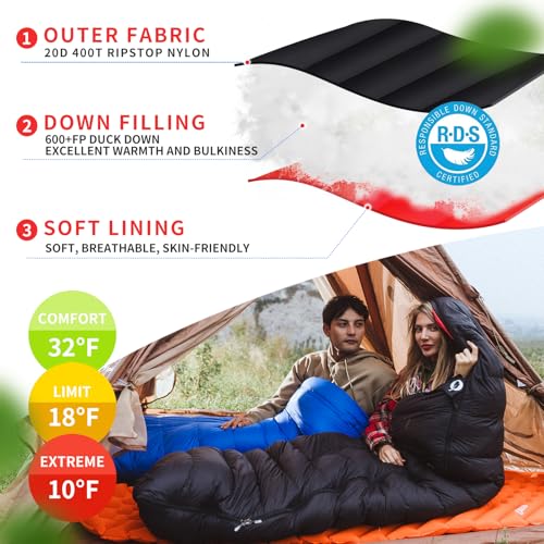 Down Sleeping Bag for Adults, 600 Fill Power Ultralight Backpacking | 600 Fill Power Down,Compact Carry,Ultralight Trail Use,Camping Hiking Backpacking,Cold and Warm Weather Use - color: 1000g Down Filling-Black-Right Zip