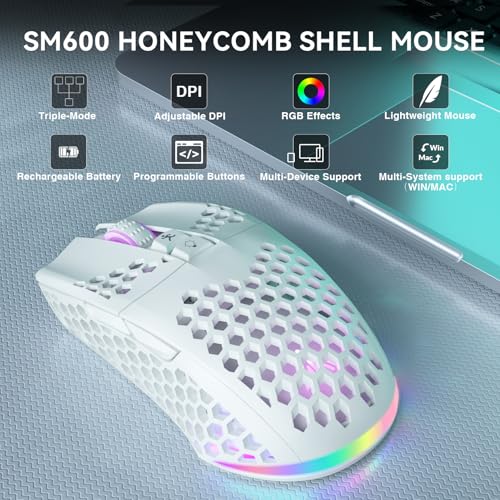 SOLAKAKA SM600 White Wireless Gaming Mouse,Tri-Modes BT5.1/Type-C Wired/2.4G Wireless Mouse with 2 Side Buttons, Programmable Macro Gamer Mouse with RGB Light for Laptop/PC/Mac - color: white