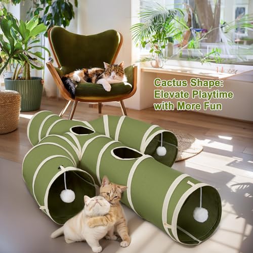 Ownpets Cactus Cat Tunnel 12" with Peek Holes for Indoor Large Cat, Green | Durable Oxford fabric, noise-free, foldable & connectable, multi-cat friendly, tube for cats up to 20lb, includes ball & wand - size: 12 Inches in Diameter