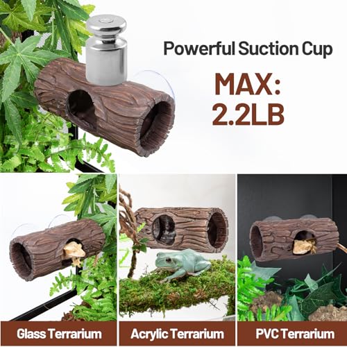 Reptile Hide, Resin Hollow Log Hideout with 2pcs Powerful Suction Cup, Reptile Tank Accessories Climbing Toys Terrarium Hideaway Caves Decor for Gecko, Lizard, Snakes, Hermit Crabs, Forgs