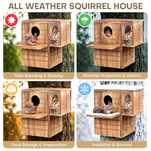 Squirrel House for Outside with Feeder, 2-in-1 Weatherproof Pine Wooden Large Squirrel Nesting Box with Predator Guard & Easy Assembly, Chipmunk House for Breeding Living, Year-Round Shelter