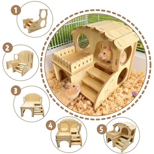 Wooden Hamster Hideout - Wood Hamster Hide House with Ladder Platform Small Pet Hut Habitat Detachable Hamsters Maze Cage Accessories for Dwarf Rat Gerbils Mouse and Other Tiny Animals