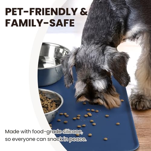 VIVAGLORY Pet Food Mat Flexmat Dog Bowl Mat, S, Navy Blue | Non Slip Silicone for Pet Kitten & Doggy, Placemat with Lip for Floor - color: Navy Blue, size: S (18.9 x 11.8in)