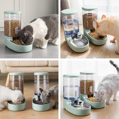 Automatic Cat Feeder and Water Dispenser with Stainless Steel Bowl Gravity Food Feeder and Waterer Set for Small Medium Dog Puppy Kitten 1 Gallon x 2(Green) - color: Stainless Steel-Green