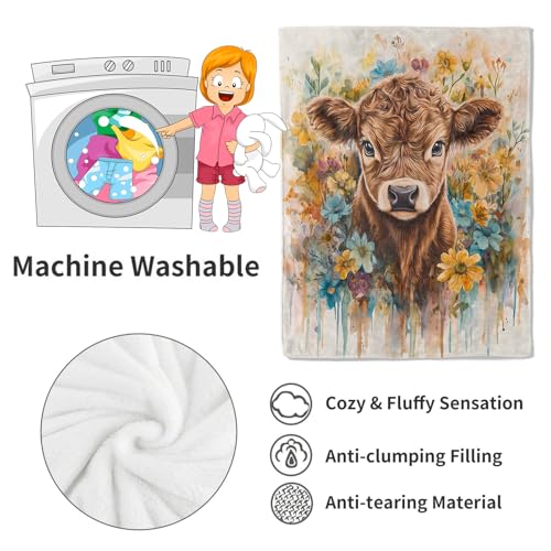 Sweet Highland Cow Blanket Cute Calf Throw Blankets,Gifts for Kids Woman Adult,Lightweight Soft Fleece,Watercolor Flower Style,for Sofa Couch Bed Room Modern Artistic Decor 60x80in - color: Cow, size: 60x80in