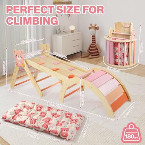 Pikler Triangle Set with Cushion, 7 in 1 Toddler Climbing Toys Indoor | Foldable Space-saving Design, Montessori-inspired Learning, Reversible Slide & Ramp, ASTM F963 Standards for Toddlers 18M-5Y - color: Bear