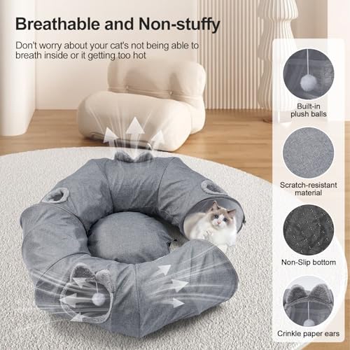 Linen Cat Tunnels with Central Cat Bed, Interactive Cat Toys Detachable Washable Soft Mat Large Indoor Play Tunnel Cave for Kittens and Small Animals - color: Linen Cool Gray