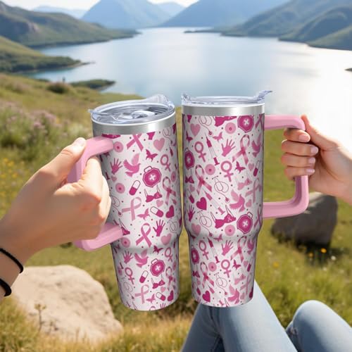 30oz Breast Cancer Awareness Stainless Steel Tumbler with Handle and Straw,Pink Ribbon Mug Cup Water Bottle with Lid and Straw, Patients Survivor Women Gifts - color: Cancer2