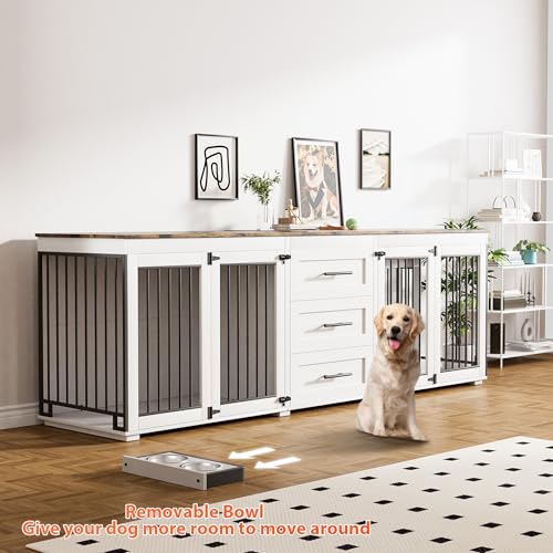 Rophefx 94.5" Dog Crate Furniture for 2 Dogs, Wooden Kennel,White Brown | Indoor double dog house with 3 storage drawers, 4 feeding bowls, lockable doors, and a wide top for large and medium dogs - color: White Brown