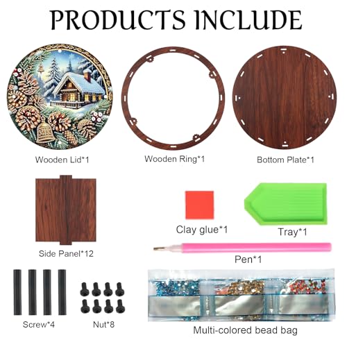 JISHSHAY Christmas Diamond Art Storage Box Christmas Tree Diamond Painting Wooden Snack Box Xmas Gem Painting Candy Box Gem Art Organizer Case Mosaic Kits for Adults Storage Containers with Lid - color: Christmas House