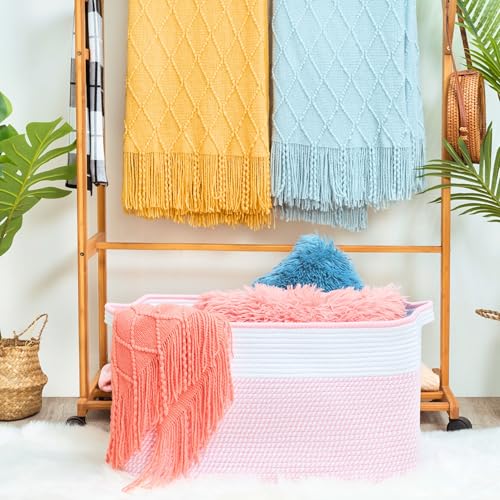 22in Extra Large Blanket Basket Holder Living Room, Rectangle Rope Woven Storage Basket with Handles for Laundry, Pool Towels, and Shoes, Dog Toy Organizer Bin Box, Light Pink - color: Light Pink