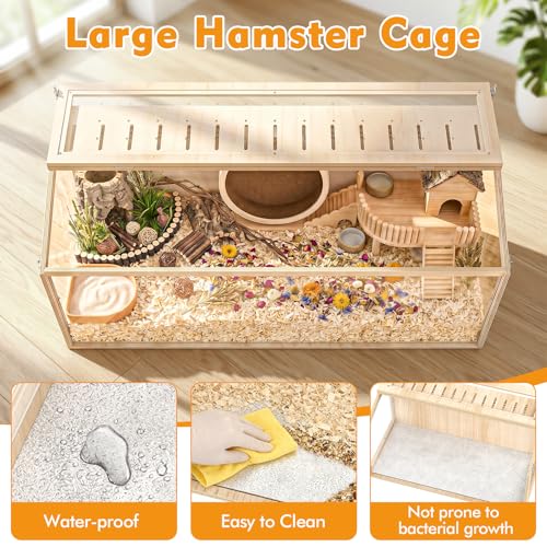 XiaZ Hamster Cage,48Inch Large Hamster Tank with Panoramic View and Ventilated Top, Spacious Acrylic Glass Habitat for Syrian Dwarf Hamsters and Degus, Natural Wood Frame Enclosure - size: 48.0"L x 20.0"W x 20.0"H